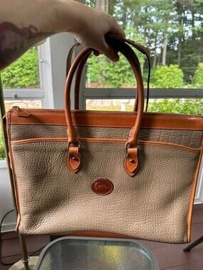 Dooney & Bourke Vintage All Weather Leather Briefcase Bag VGUC Taupe/British Tan